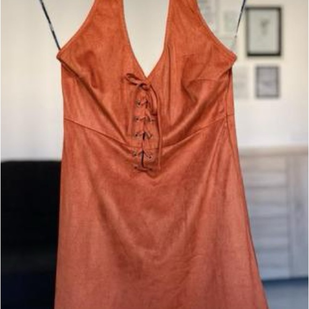 Rust Orange Halter Dress with Lace-Up Front